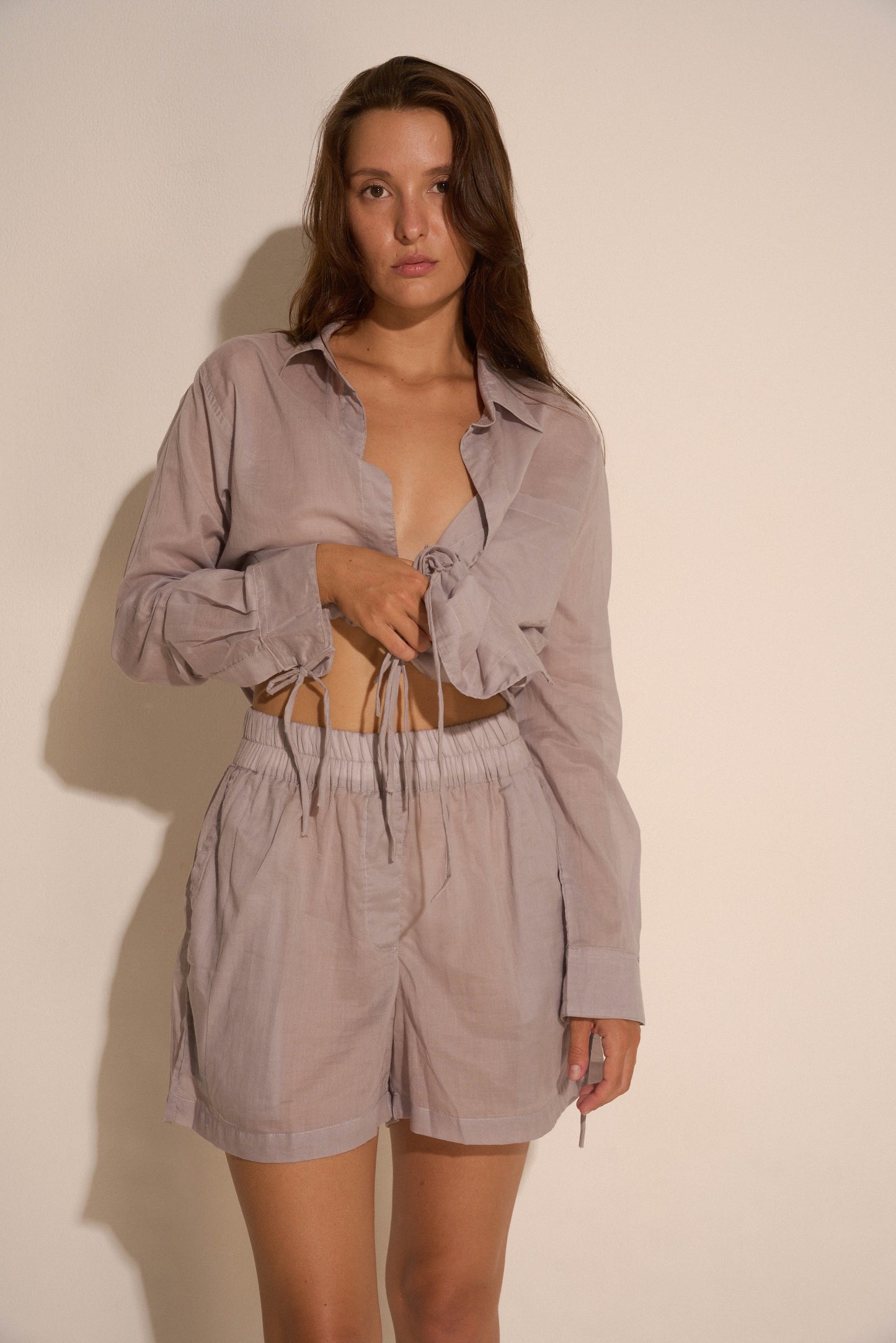 Organic cotton string blouse / Light grey - BURO