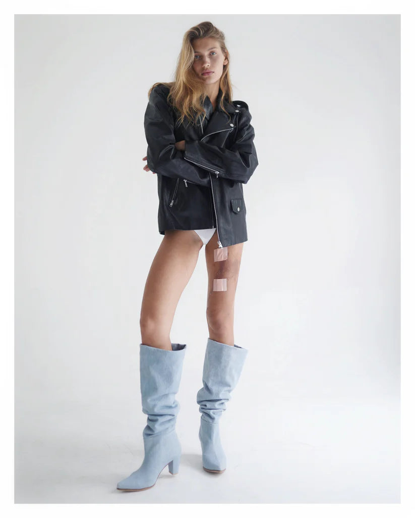 Denim knee high-heel boots