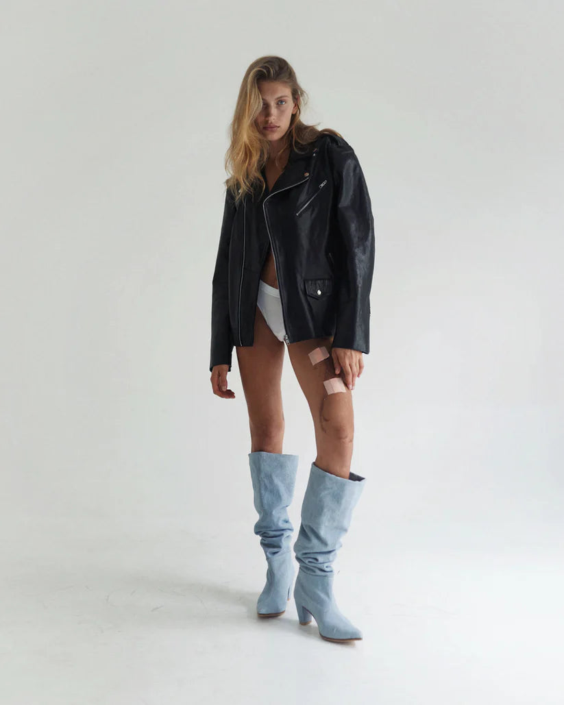 Denim knee high-heel boots