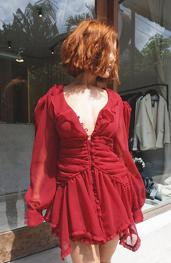 Red wine ruffled chiffon dress