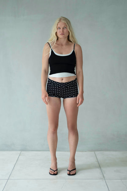 “Vega” raw edges mini shorts (blk polka dot )