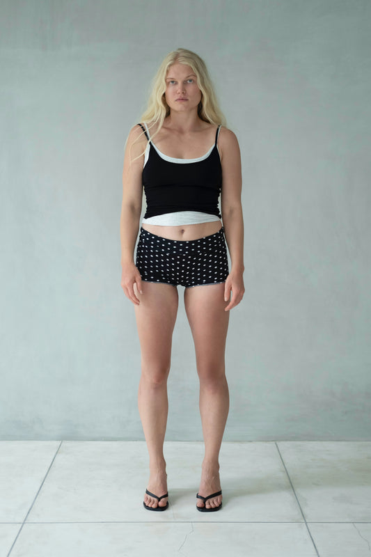 “Vega” raw edges mini shorts (blk polka dot )