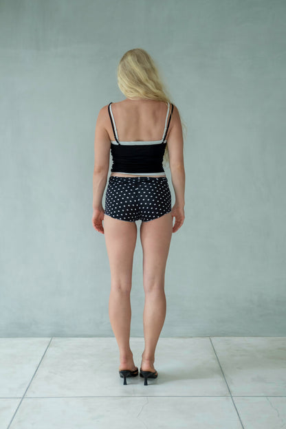 “Vega” raw edges mini shorts (blk polka dot )