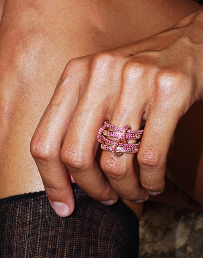 Snake stacked ring set / Pink zircon & Pink gold