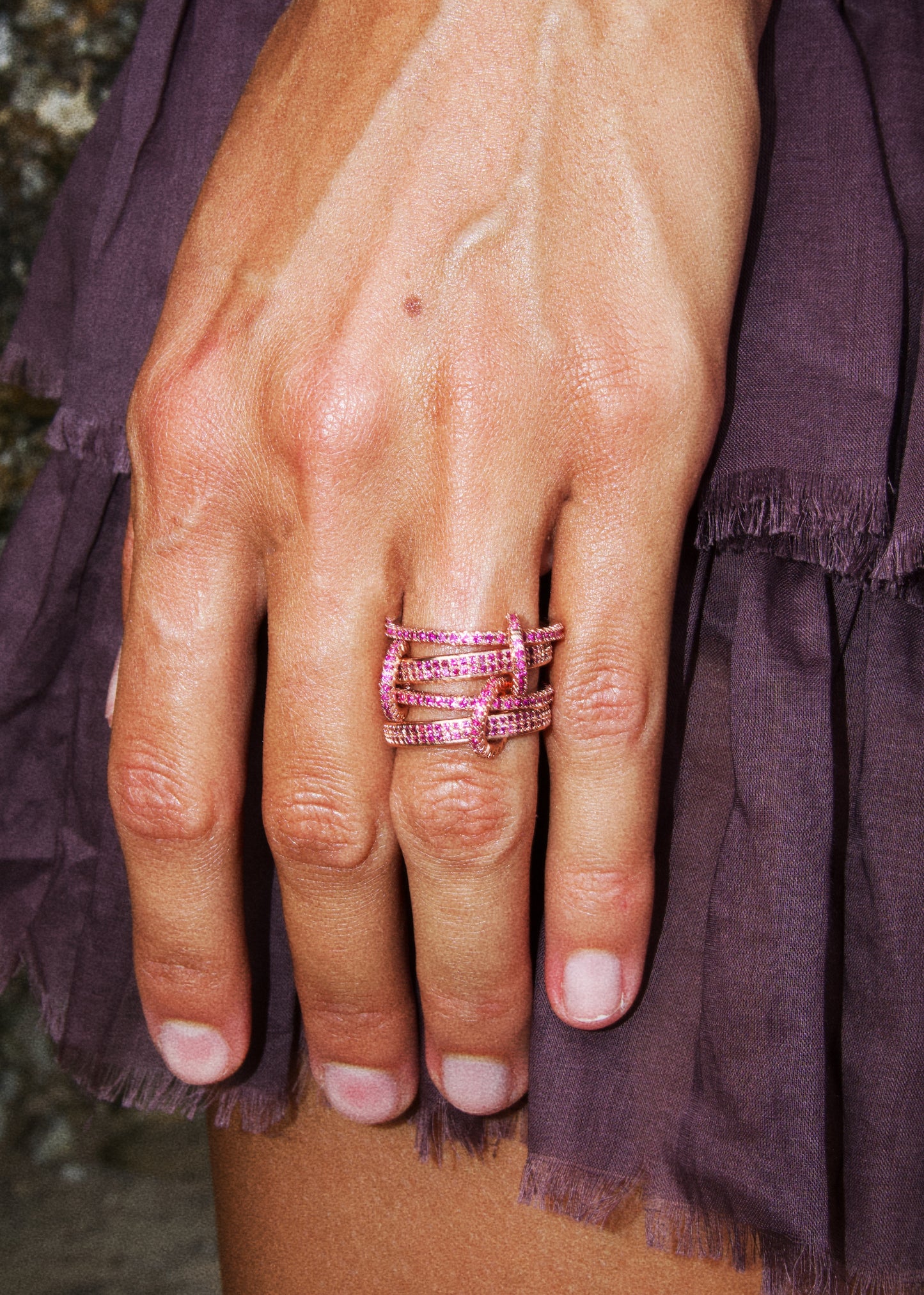 Snake stacked ring set / Pink zircon & Pink gold