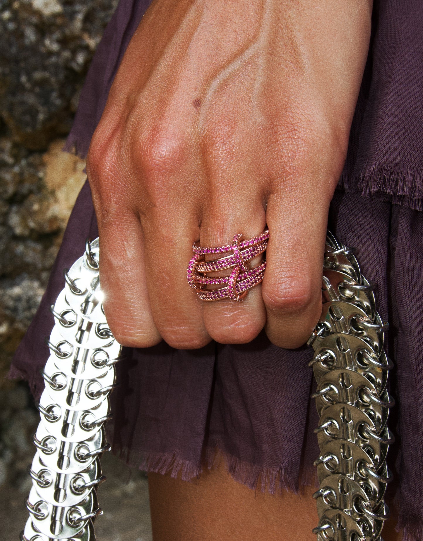Snake stacked ring set / Pink zircon & Pink gold