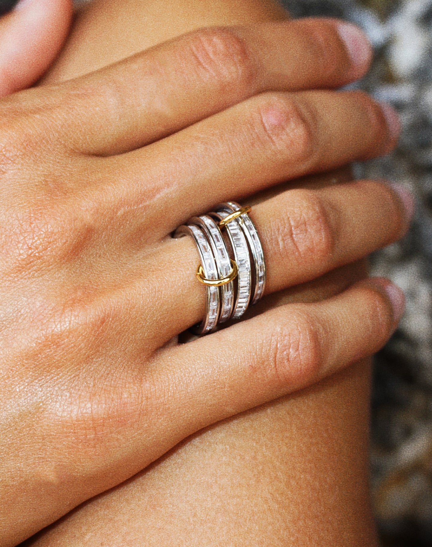 Snake stacked ring set / Silver with clear stones