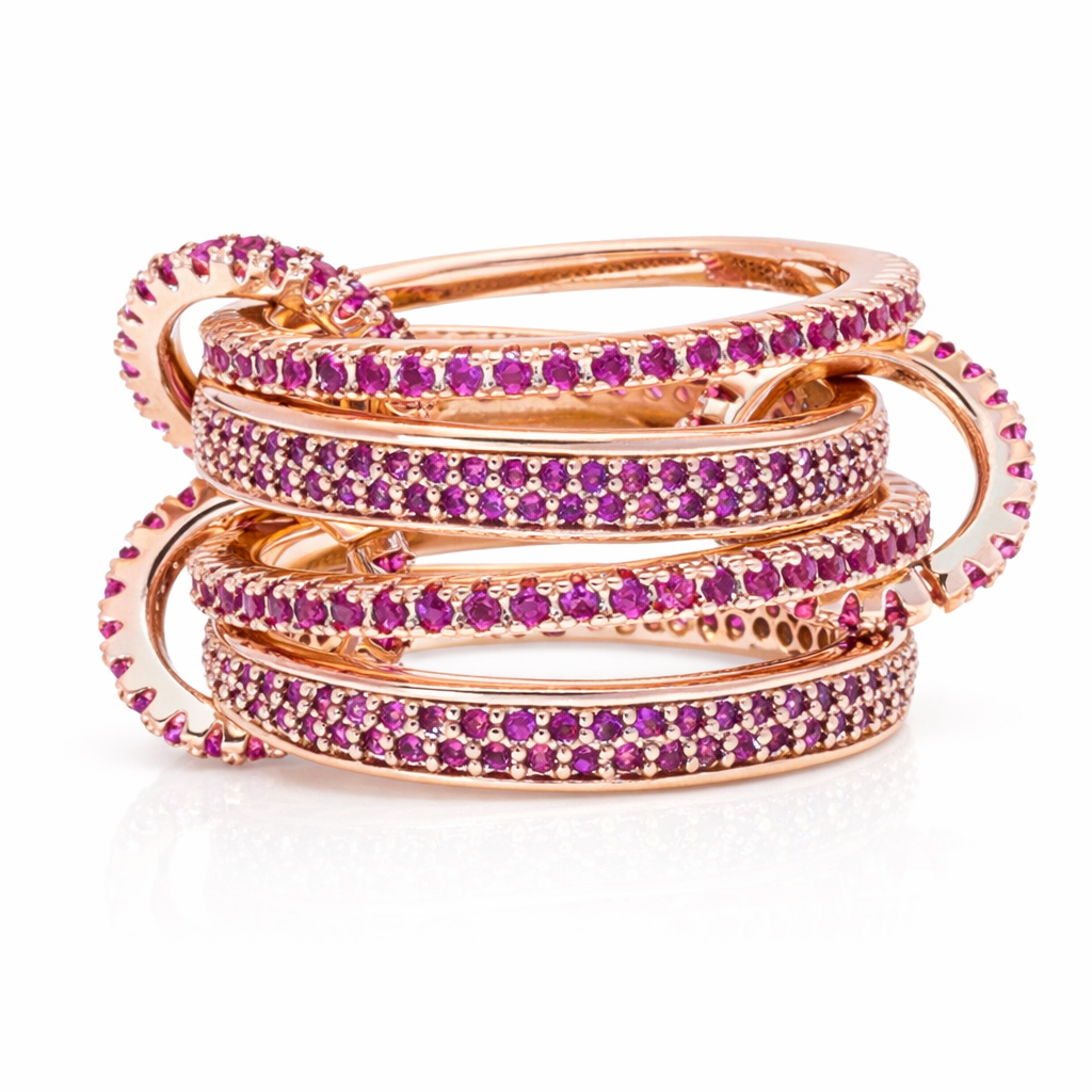Snake stacked ring set / Pink zircon & Pink gold