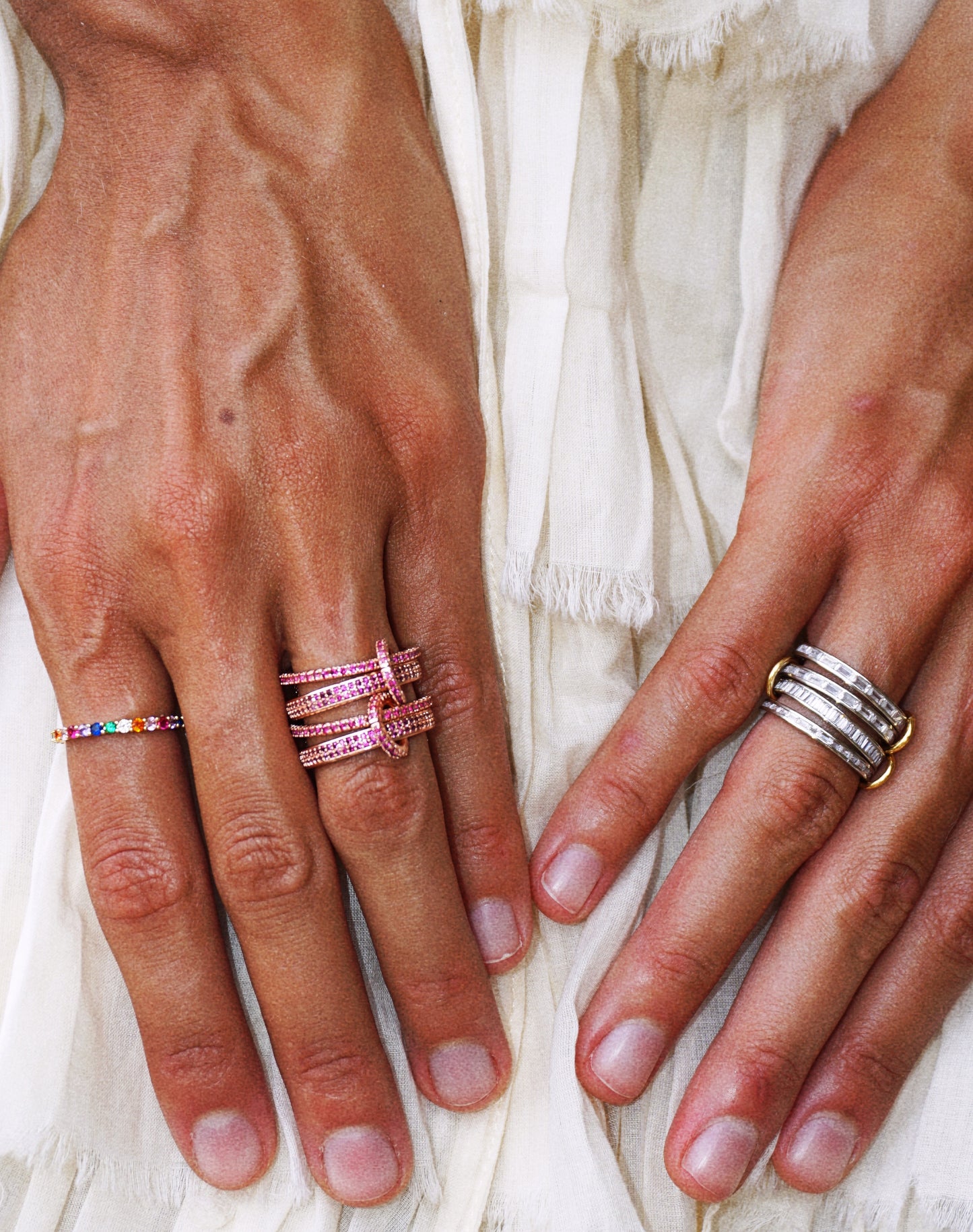 Snake stacked ring set / Silver with clear stones