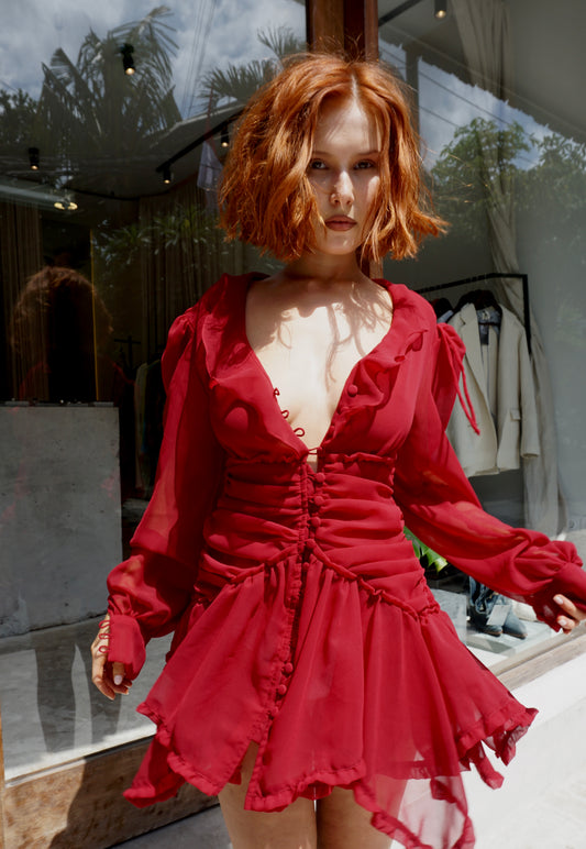 Red wine ruffled chiffon dress - BURO