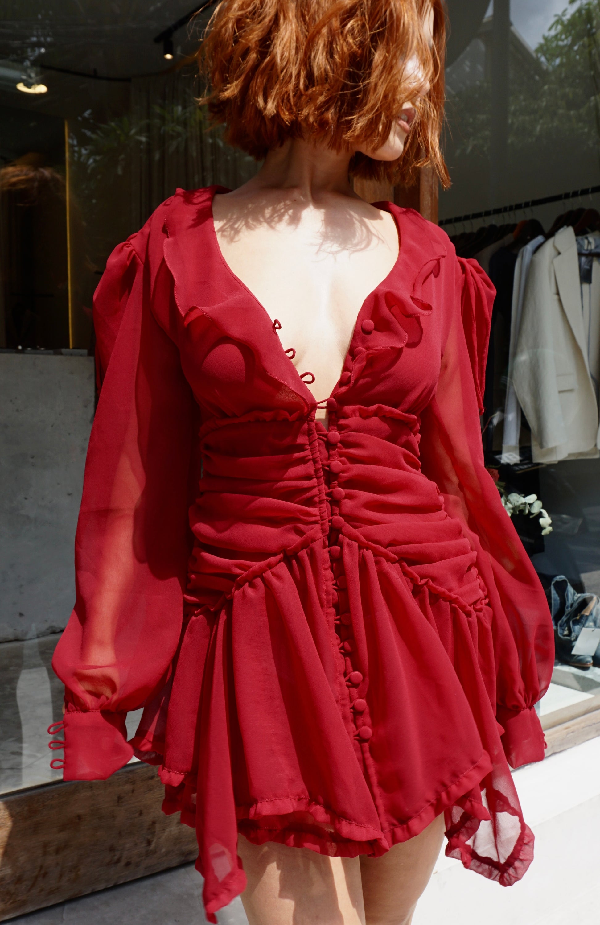 Red wine ruffled chiffon dress - BURO