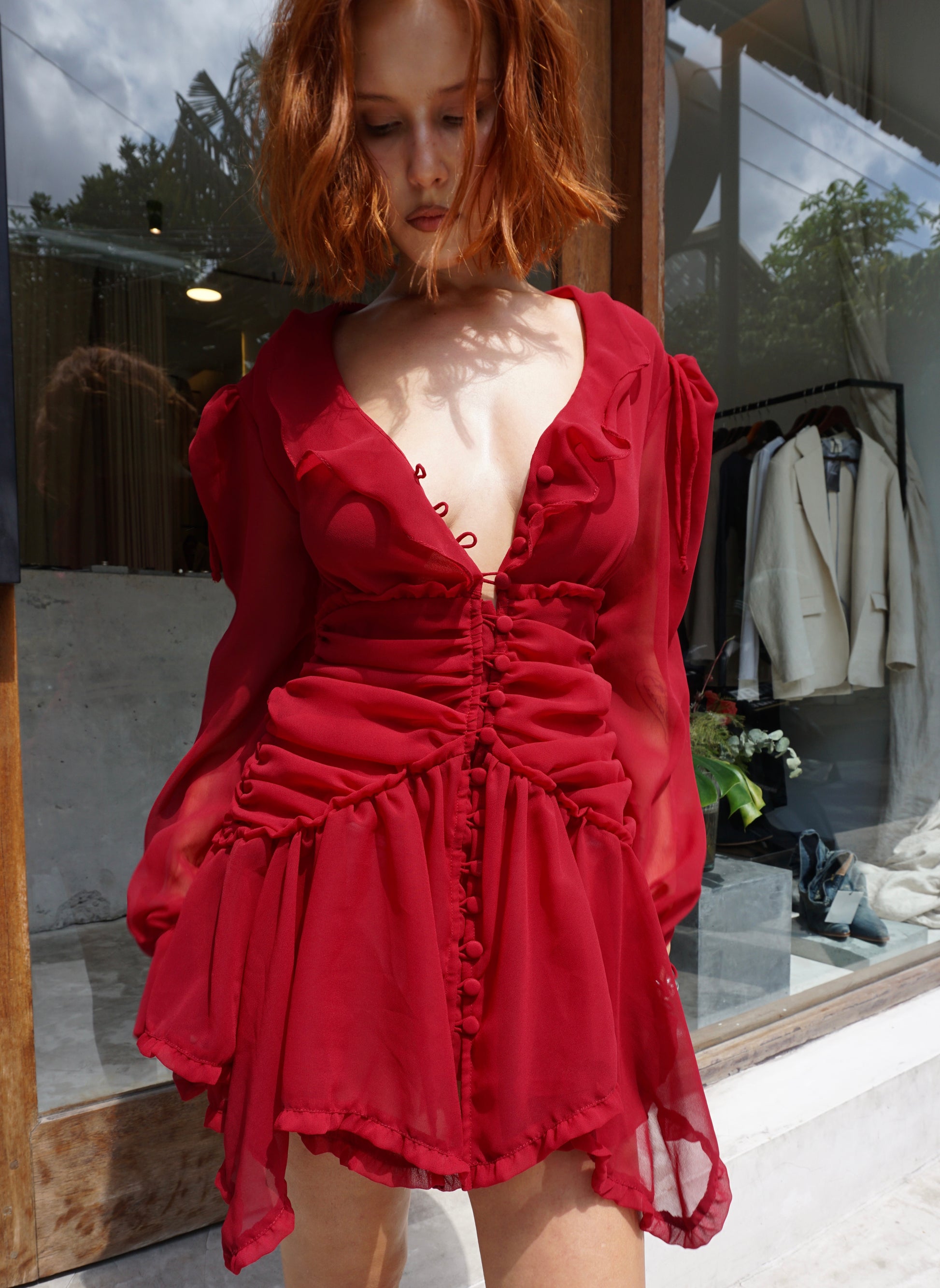 Red wine ruffled chiffon dress - BURO