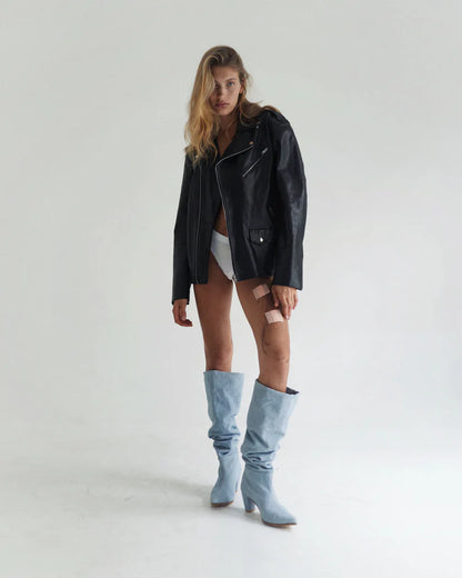 Denim knee high-heel boots