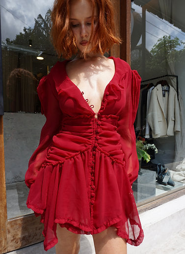 Red wine ruffled chiffon dress