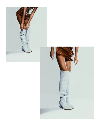 Denim knee high-heel boots