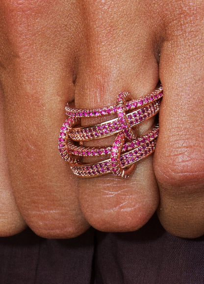 Snake stacked ring set / Pink zircon & Pink gold